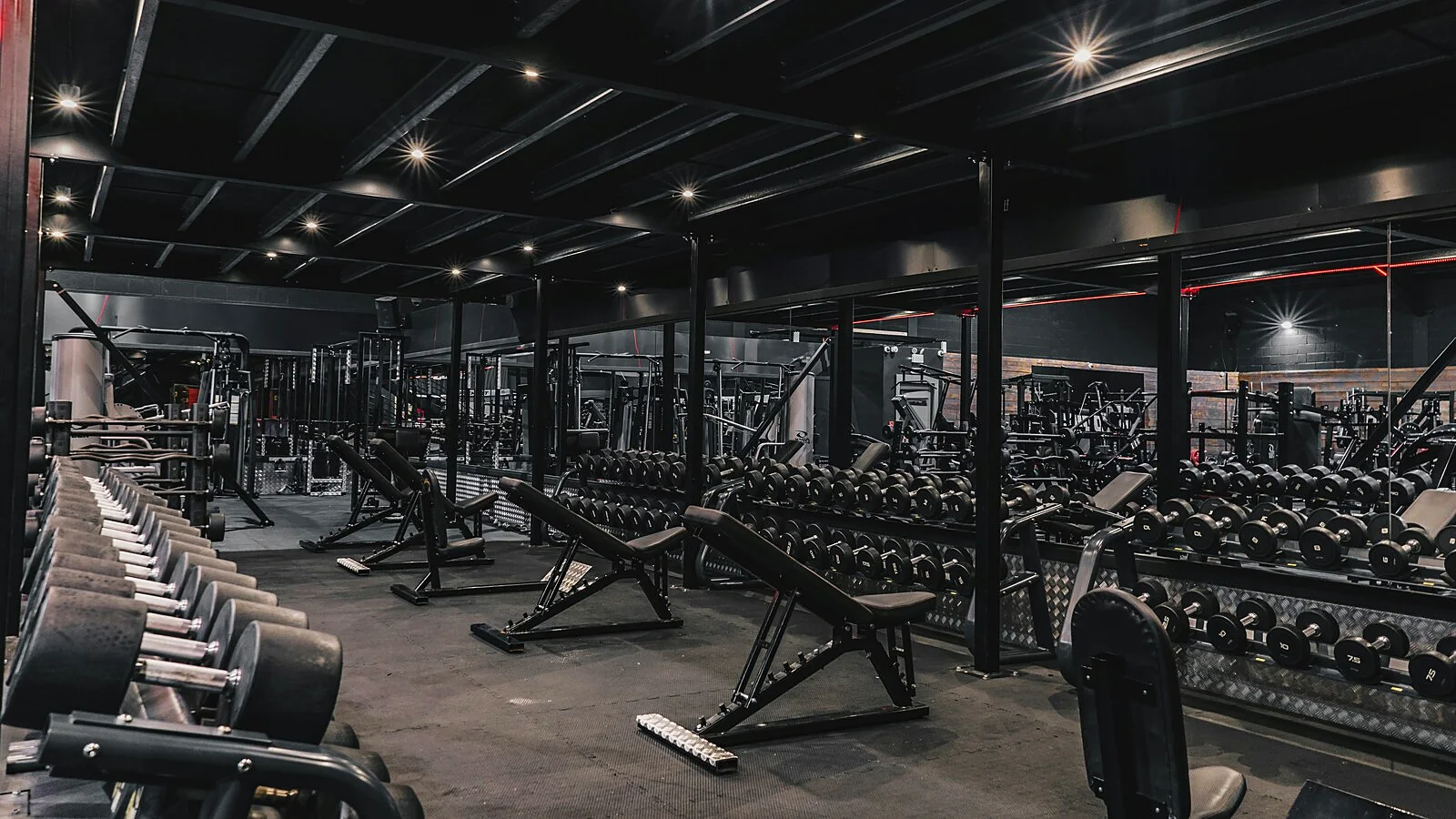 Commercial gym dumbbell floor with adjustable benches