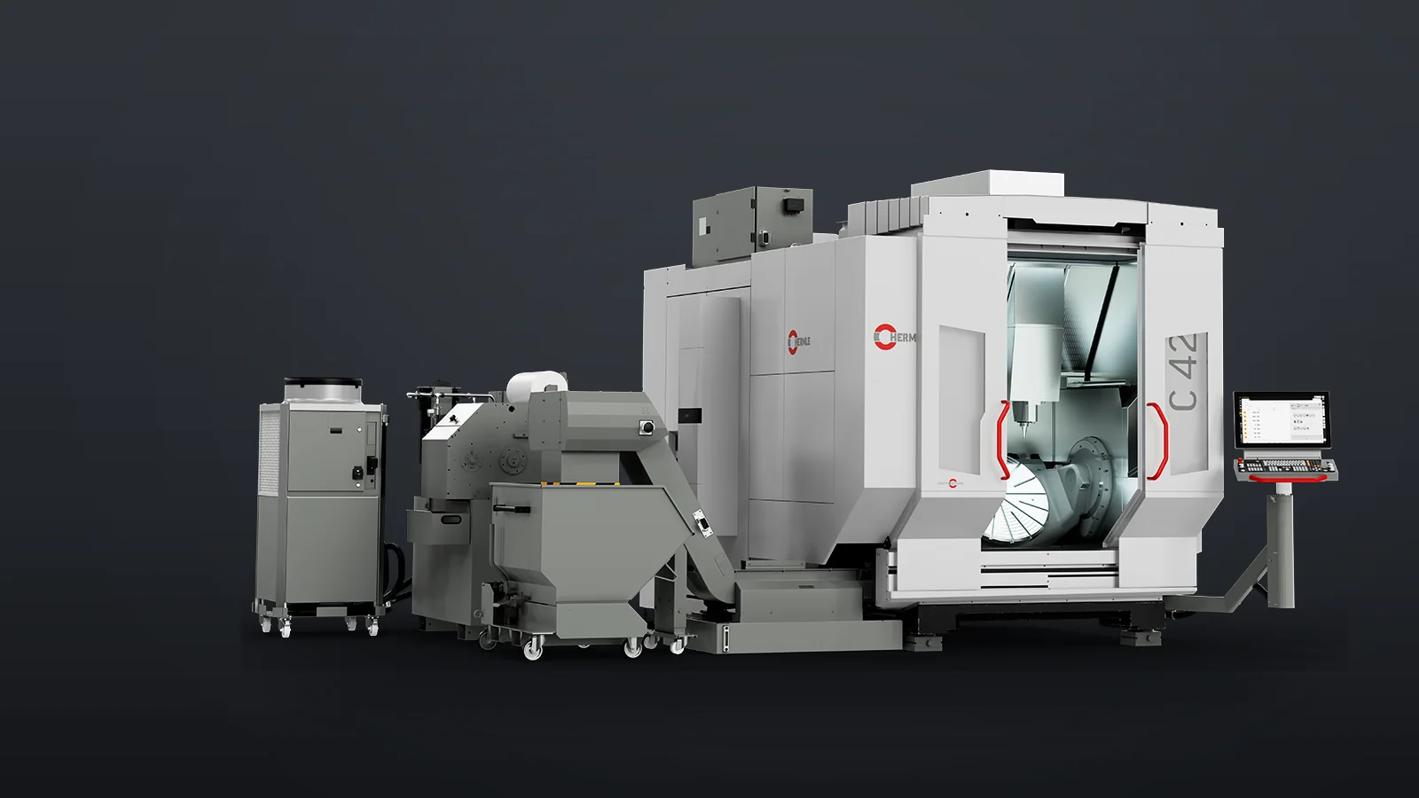 Hermle C 42 U 5-axis machining center with chip conveyor, cooling unit, and control pedestal — press image courtesy of Hermle